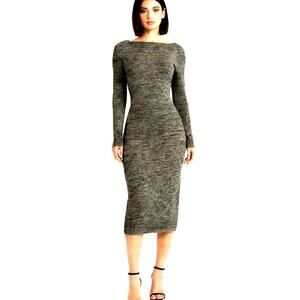 Bershka Ribbed Long Sleeve Bodycon Midi Dress Black Olive Marl Knit L